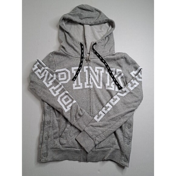 Pink Victoria Secret Women Hoodie Jacket Full Zip Button Sides Gray SZ S - Picture 1 of 6